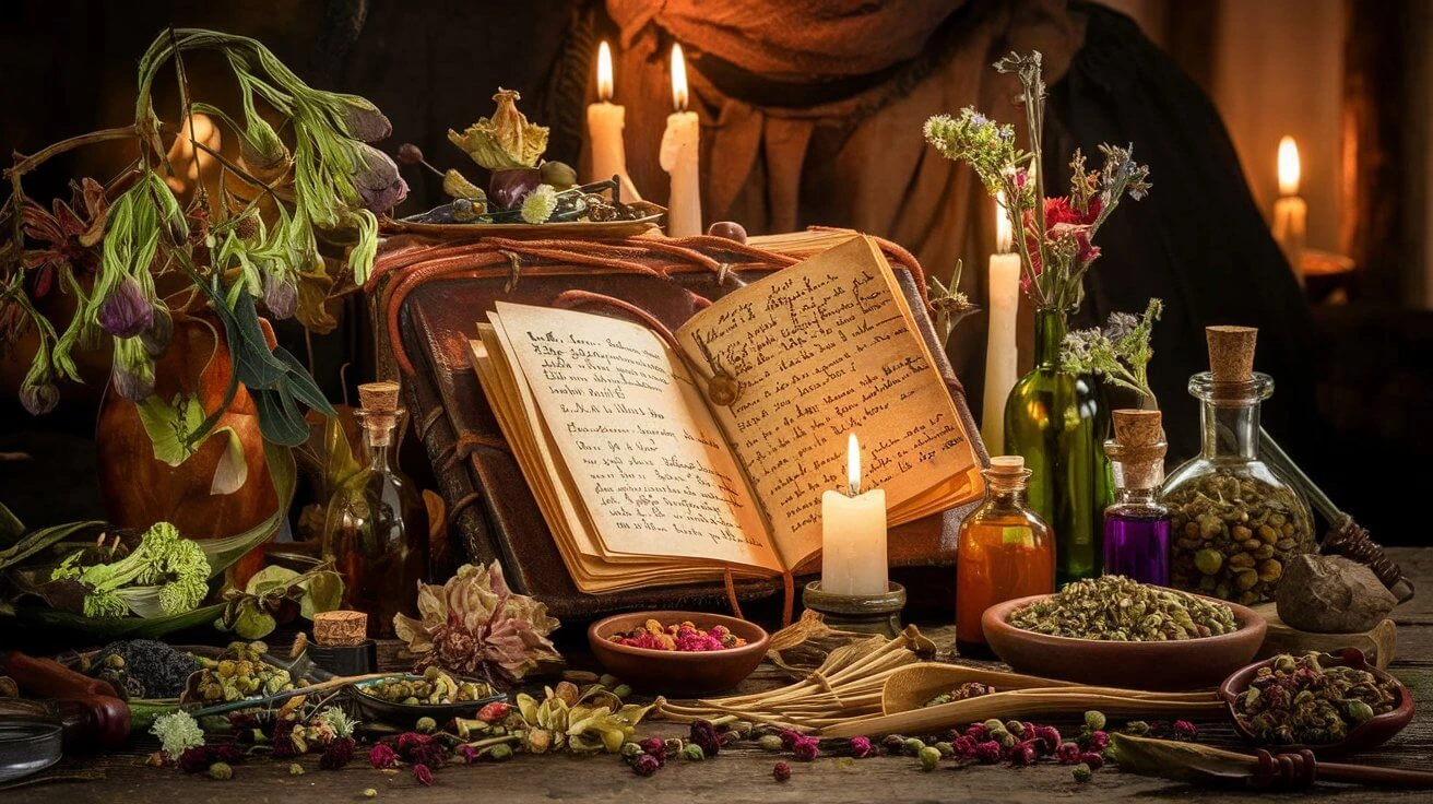 An old, worn book surrounded by dried herbs, a mortar and pestle, and glass jars filled with natural remedies.