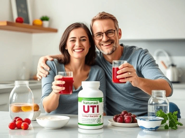 A happy couple sitting in a bright kitchen, holding cranberry juice and a natural UTI remedy, surrounded by fresh fruits and probiotic-rich foods.