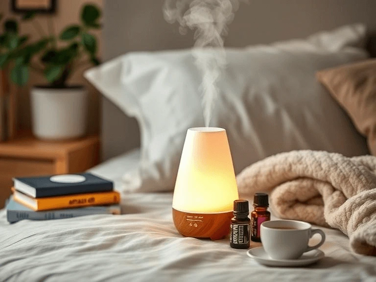 An essential oil diffuser releasing mist, placed on a wooden table with fresh lavender, eucalyptus, and essential oil bottles.