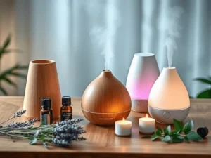 A modern essential oil diffuser emitting mist on a bedside table, surrounded by essential oil bottles, a cup of tea, and cozy home decor.