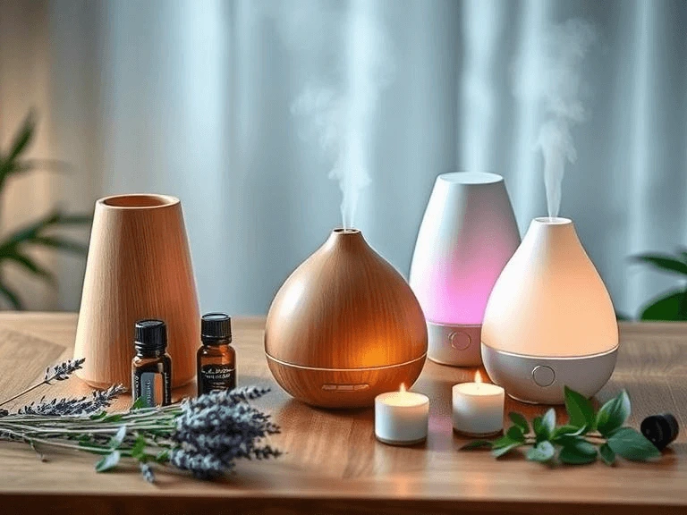 A modern essential oil diffuser emitting mist on a bedside table, surrounded by essential oil bottles, a cup of tea, and cozy home decor.