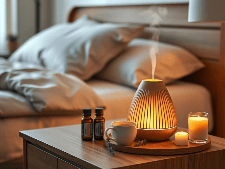 A bedside table with an essential oil diffuser emitting mist, a lavender essential oil bottle, chamomile tea, and a lit candle, creating a cozy sleep atmosphere.