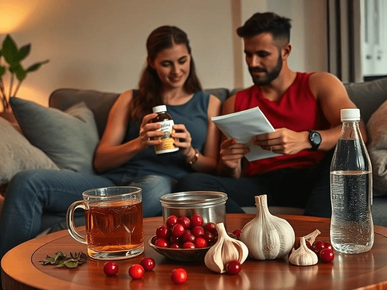 A man and woman discussing a natural UTI remedy while holding a product bottle, with herbal tea, fresh cranberries, and garlic on the table.