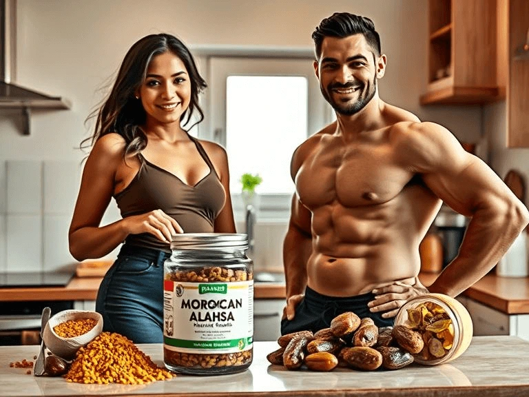 A fit man and curvy woman in a kitchen with Moroccan Alahsa natural remedy for weight gain, showcasing health and vitality.