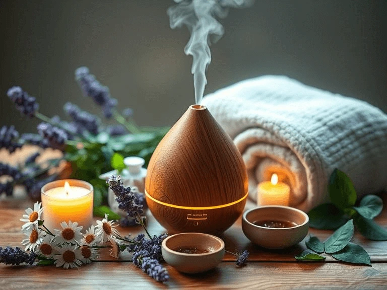 An essential oil diffuser on a wooden surface, surrounded by fresh lavender, chamomile flowers, eucalyptus, a lit candle, and a rolled-up towel for a spa-like feel.