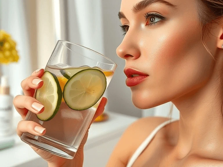 A woman drinking infused water with lemon and cucumber to hydrate her skin, promoting natural remedies for glowing skin.