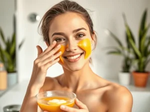 A woman applying a homemade turmeric and yogurt face mask as part of natural remedies for glowing skin.