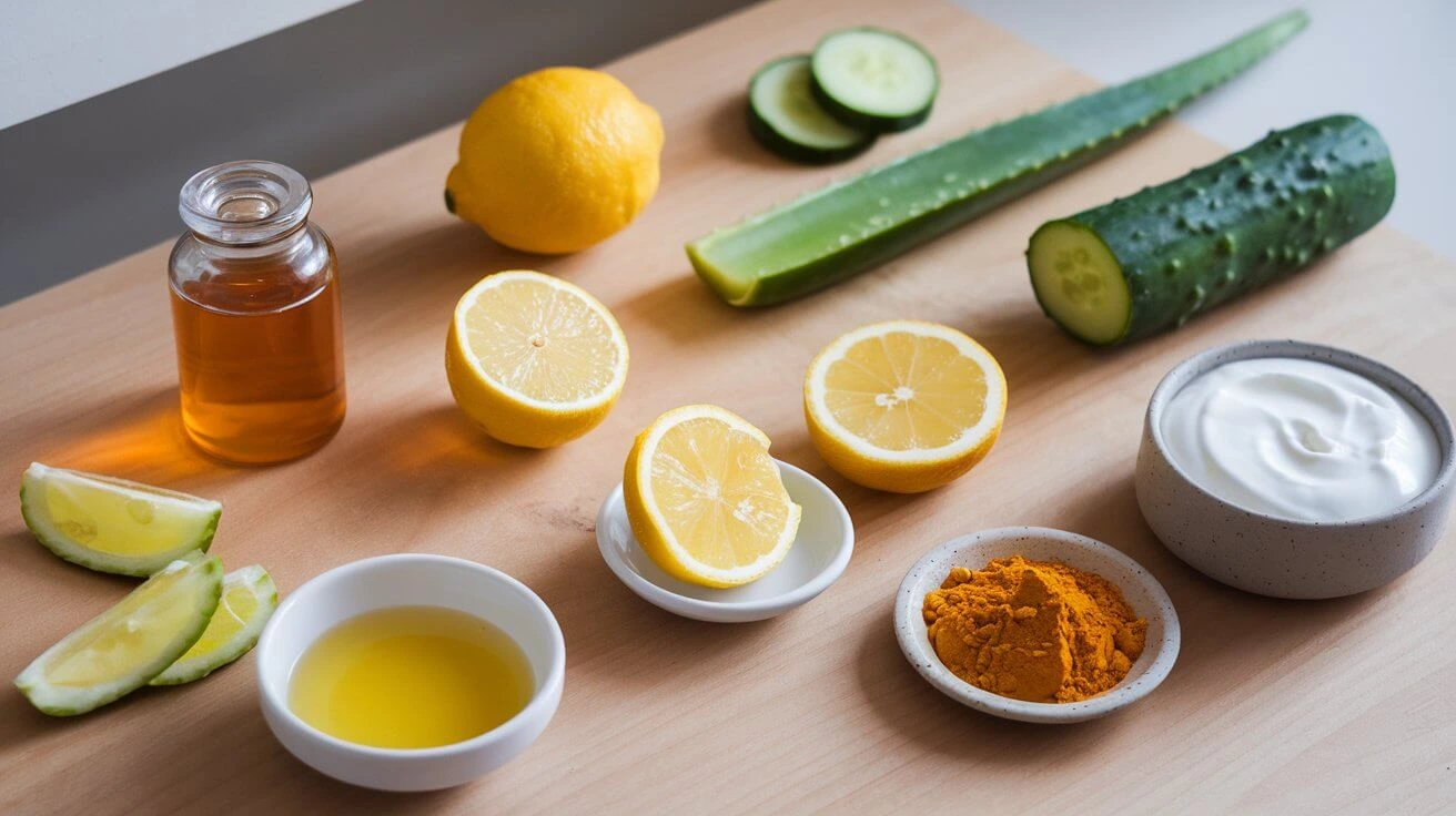 A collection of natural ingredients like honey, lemon, aloe vera, turmeric, and yogurt, commonly used in remedies for glowing skin.