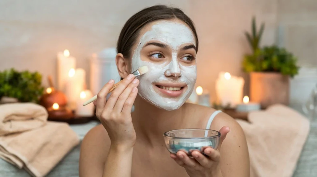 A woman applying a natural DIY face mask as part of home remedies for glowing skin.