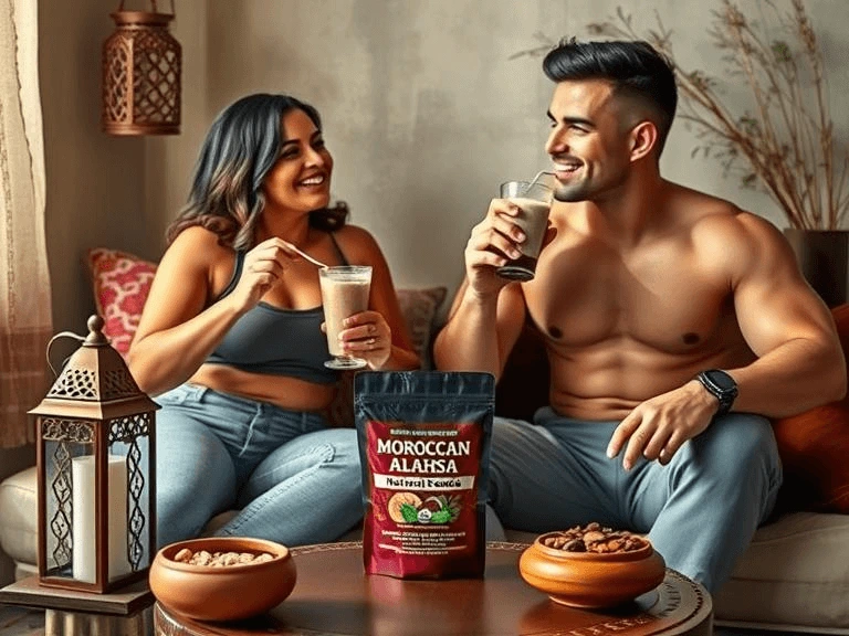 A fit man and a curvy woman enjoying a Moroccan Alahsa smoothie in a cozy setting, with the product displayed nearby.