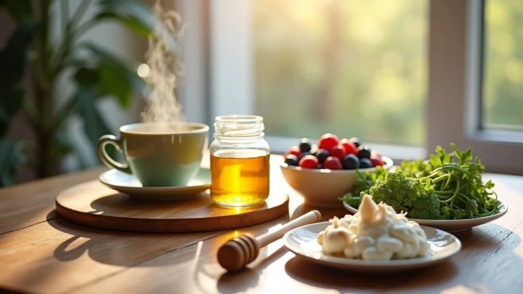 Healing foods for stomach bacteria, including green tea, honey, yogurt, and probiotics.