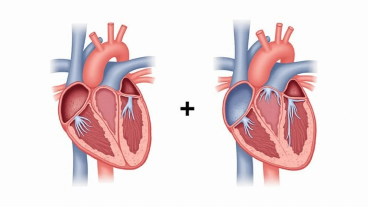 Medical illustration comparing a healthy heart and a heart with Congestive Heart Failure, showing fluid buildup and weakened heart muscles.