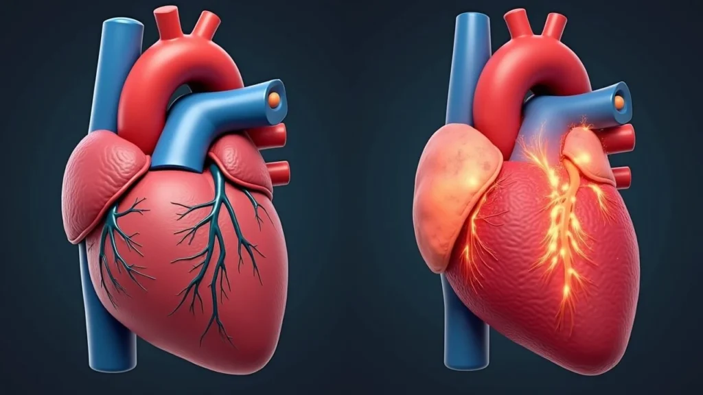 Comparison of a healthy heart and a heart with Congestive Heart Failure, showing structural and functional differences.