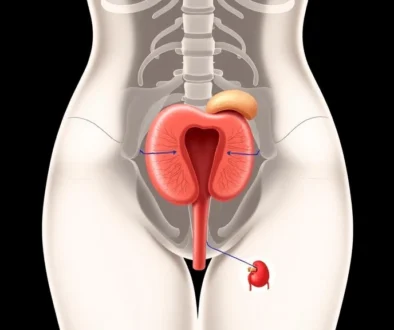 Detailed anatomical illustration of the female urinary system, highlighting the kidneys, ureters, bladder, and urethra.