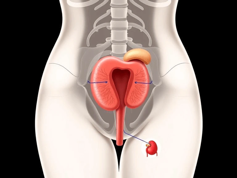 Detailed anatomical illustration of the female urinary system, highlighting the kidneys, ureters, bladder, and urethra.