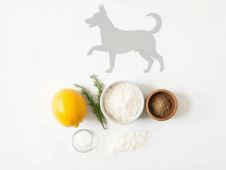  Flat lay of lemon, rosemary, and diatomaceous earth with a playful dog silhouette, highlighting natural solutions to Kill Fleas on Dogs.