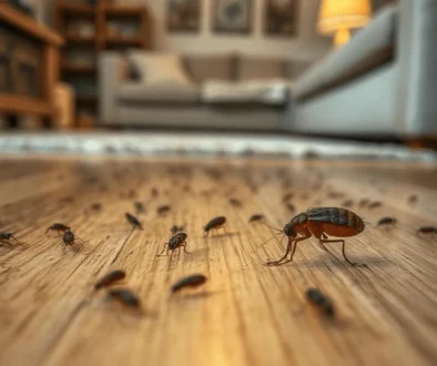 Close-up of fleas crawling on a wooden floor in a home.