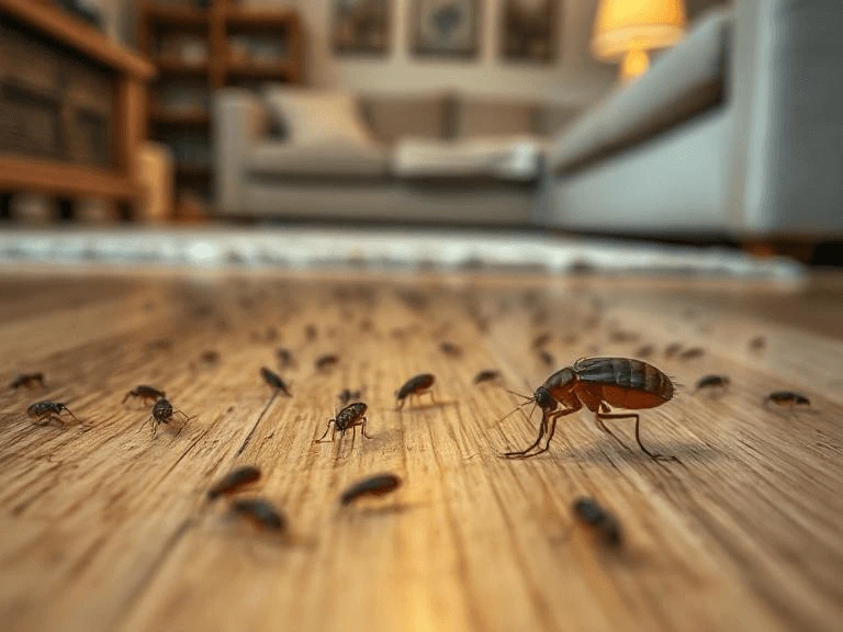 Close-up of fleas crawling on a wooden floor in a home.