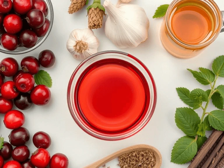  Assortment of natural remedies for bladder infections, including cranberries, garlic, and herbal teas.