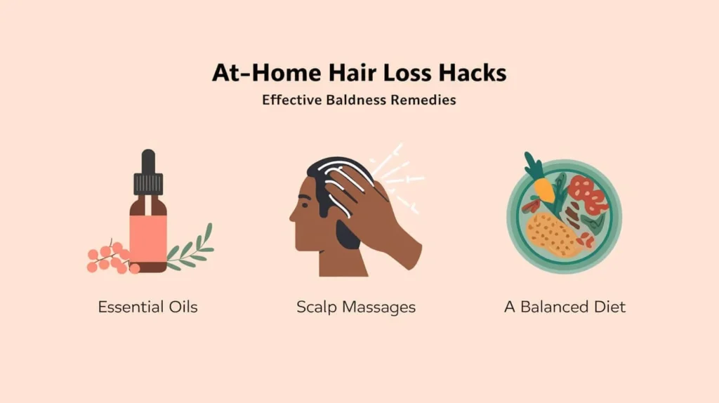 Simple infographic showing at-home hacks for hair loss with Baldness Remedies.