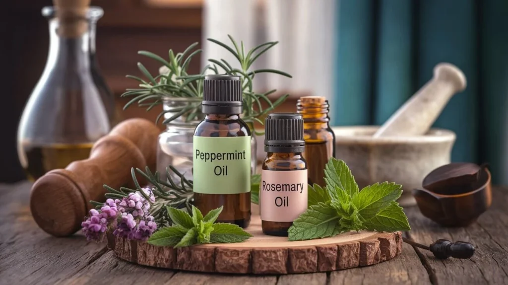 Essential oil bottles and herbs used for Stopping Hair Loss