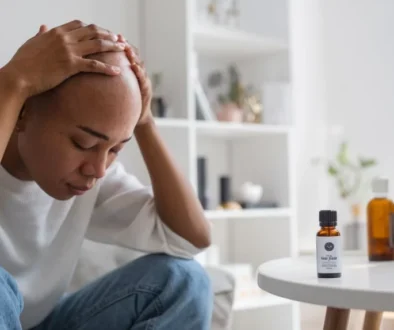 Person massaging scalp with essential oil at home, demonstrating natural Baldness Remedies.