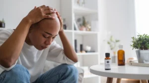 Person massaging scalp with essential oil at home, demonstrating natural Baldness Remedies.