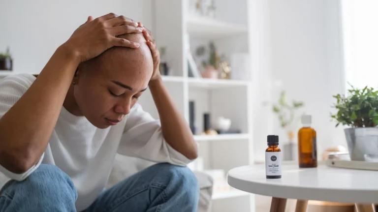 Person massaging scalp with essential oil at home, demonstrating natural Baldness Remedies.