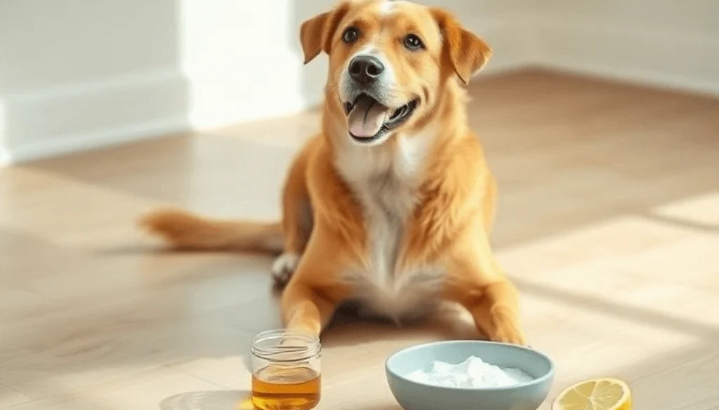 Relaxed dog on a wooden floor with a bowl of apple cider vinegar, coconut oil, and lemon slices representing natural remedies to Kill Fleas on Dogs.