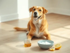 Relaxed dog on a wooden floor with a bowl of apple cider vinegar, coconut oil, and lemon slices representing natural remedies to Kill Fleas on Dogs.